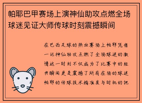 帕耶巴甲赛场上演神仙助攻点燃全场球迷见证大师传球时刻震撼瞬间 帕耶巴甲赛场上演神仙助攻点燃全场球迷见证大师传球时刻震撼瞬间
