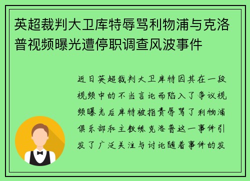 英超裁判大卫库特辱骂利物浦与克洛普视频曝光遭停职调查风波事件